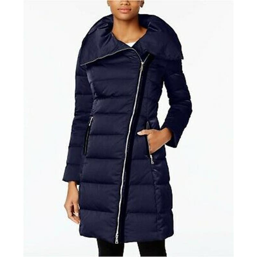 Tahari Brooklyn Asymmetrical Pillow Collar Puffer Coat Mystic Blue Sz. S NEW